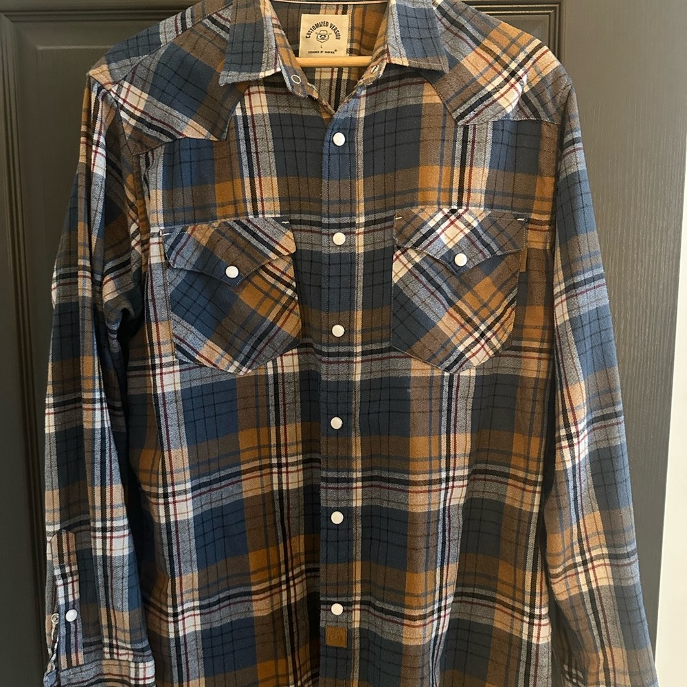 Men's Plaid Snap-Button Flannel Shirt - Blue and Brown